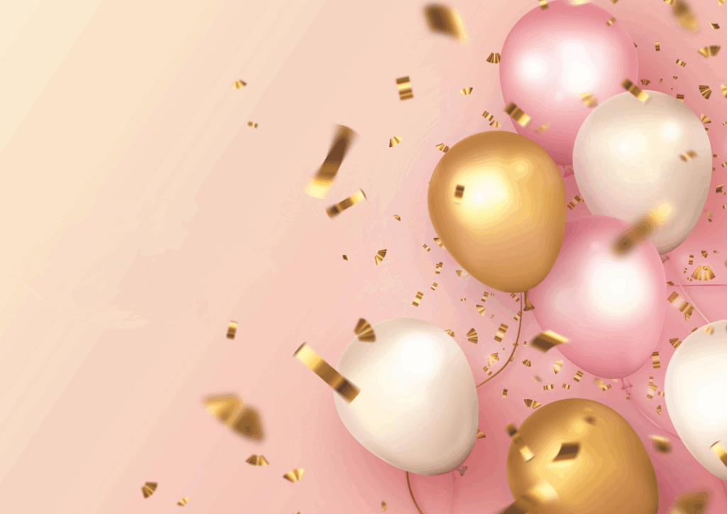 fond rose doré avec des ballons et des confettis dorés